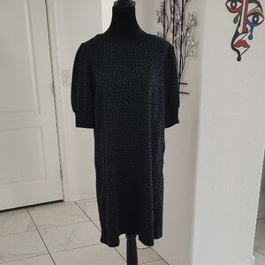 LOFT Black and Grey Polka Dot Pull On Crew Neck Short Sleeve Dress XL